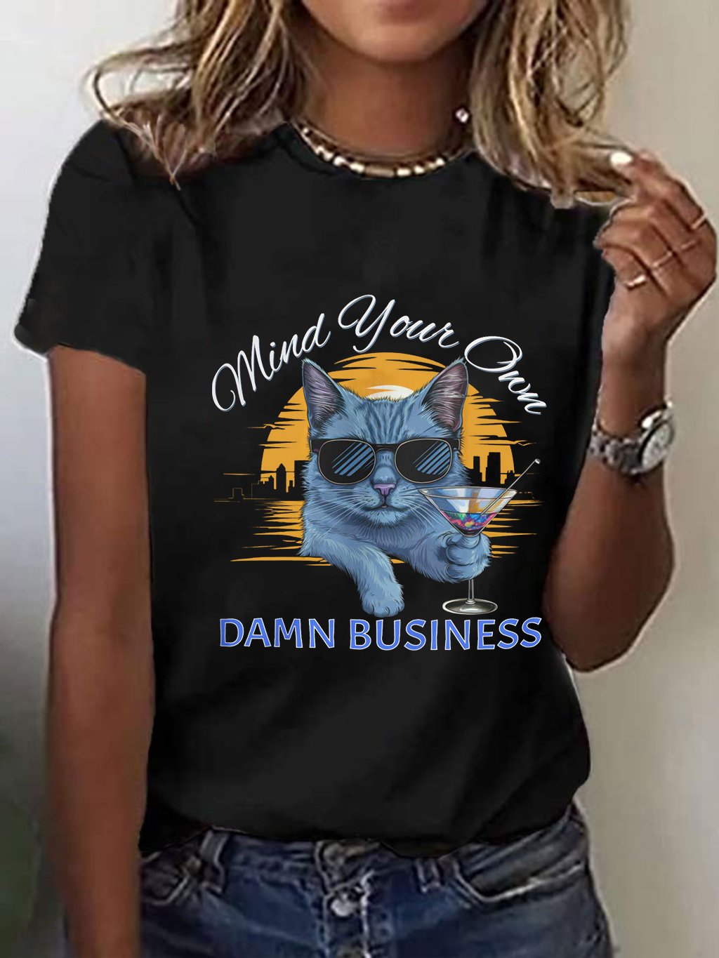 Women's Mind Your Own Damn Business Cat Print T-Shirt