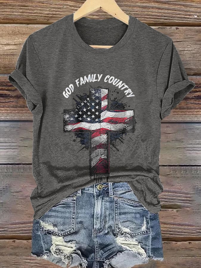 Retro Faith Cross God Family Country Print T-Shirt