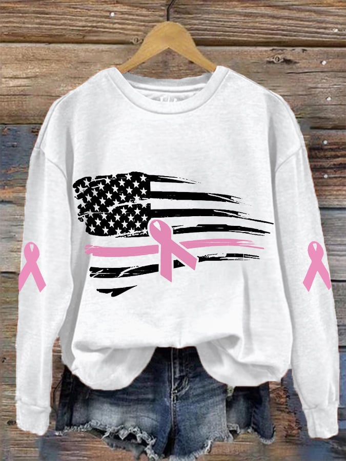 Women's Pink Ribbon Breast Cancer Awareness American Flag Sweatshirt