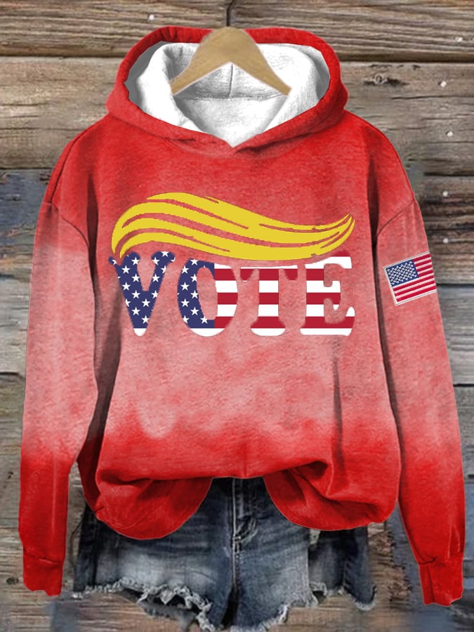 Women'S Casual Red American Flag Fight Print Hoodie
