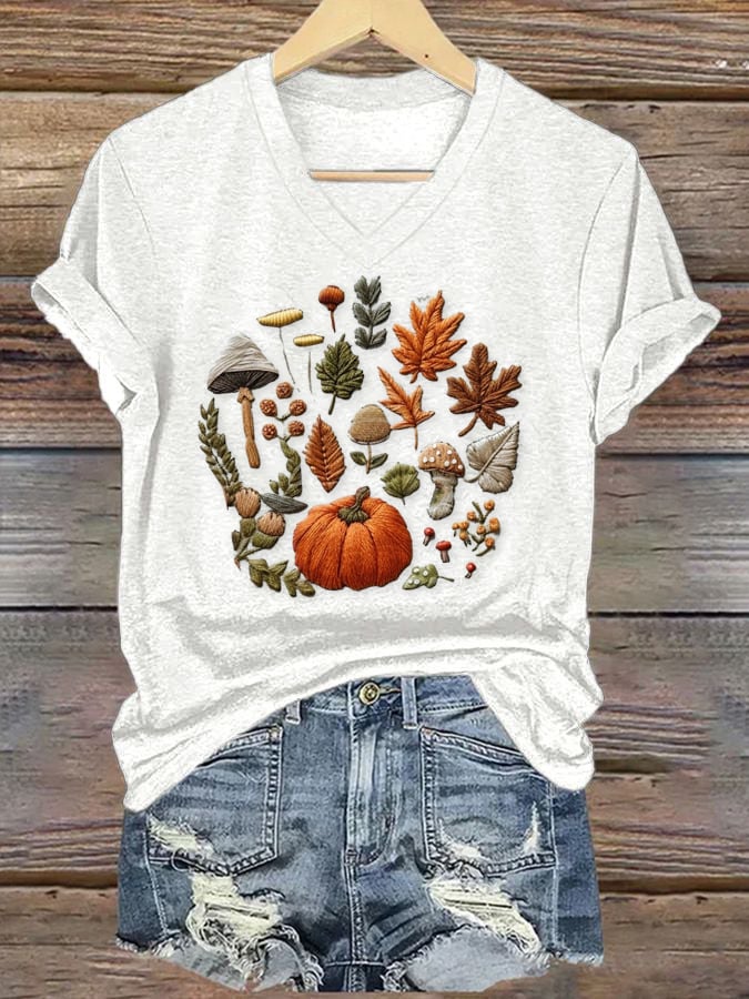 Halloween Pumpkin Maple Leaf Print T-Shirt