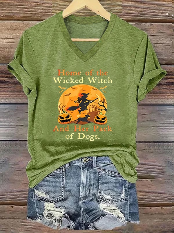Home Of The Wicked Witch And Her Pack Of Dogs Print V Neck T-Shirt