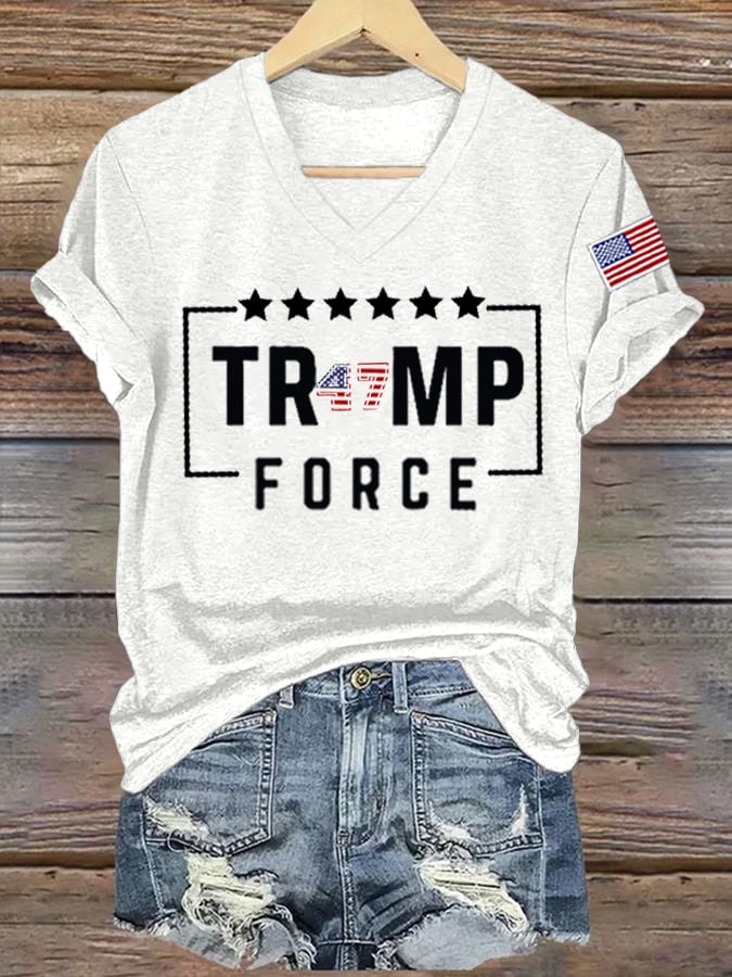 Women's American Flag 47 Print V-Neck T-Shirt