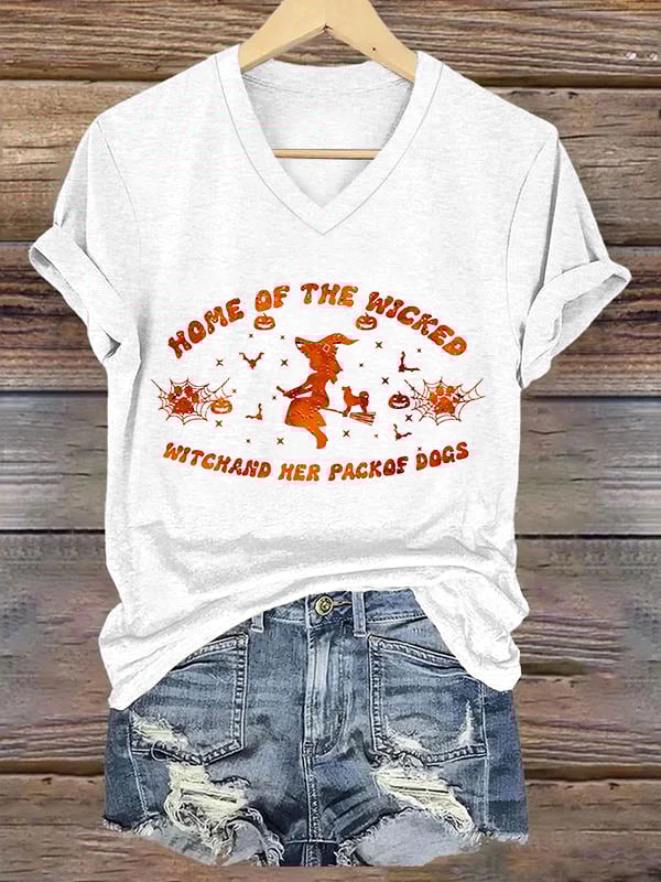 Home Of The Wicked Witch And Her Pack Of Dogs Print Crew Neck T-Shirt