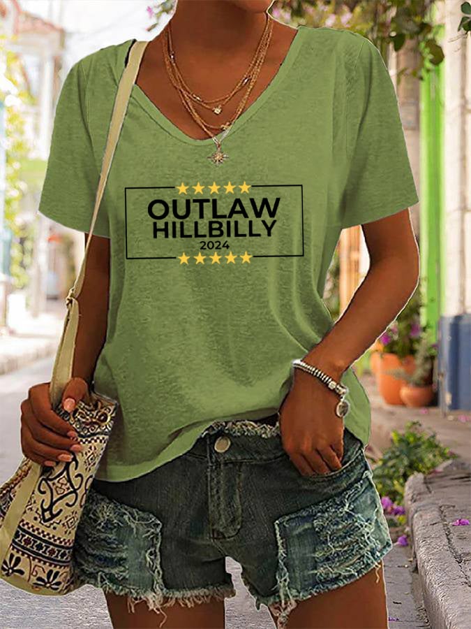 Women's Outlaw Hillbilly Print V-Neck T-Shirt