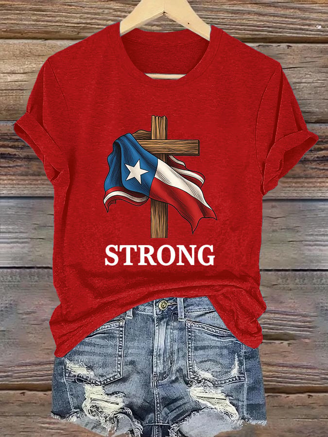 Retro Texas Strong Faith Cross Print T-Shirt
