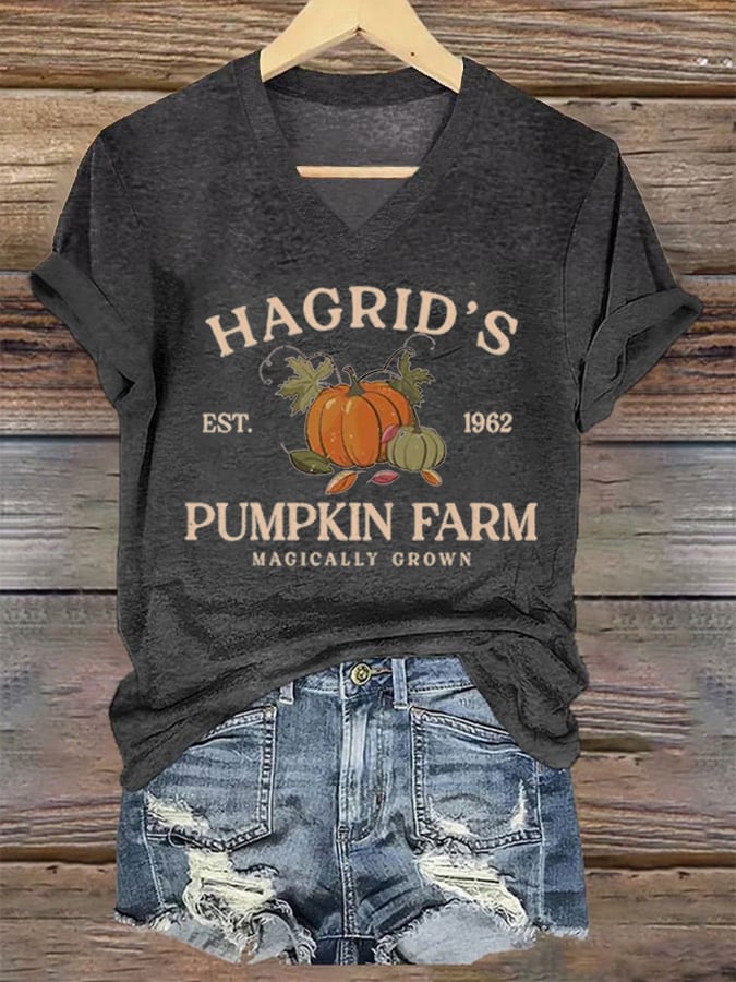 Women's Hagrid'S Pumpkin Patch Print V Neck T-shirt