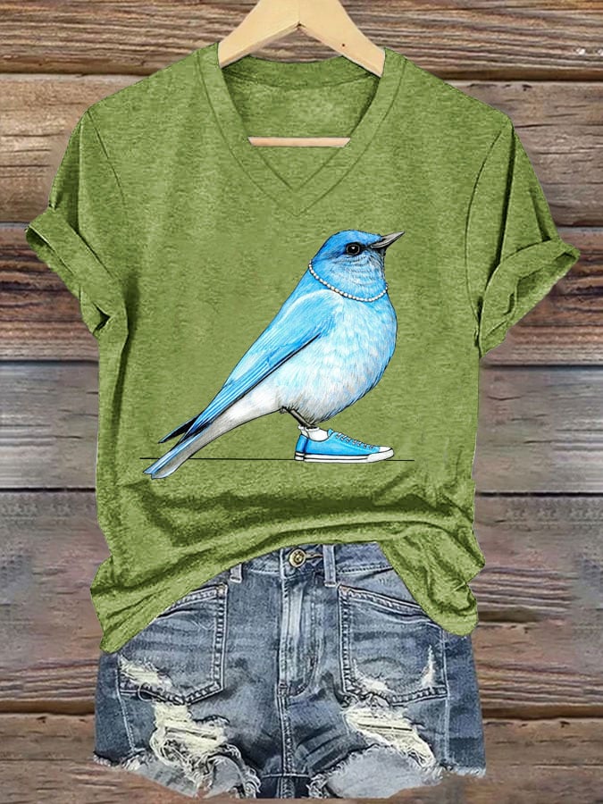 Women's Pearl Necklace Canvas Bird Print T-shirt