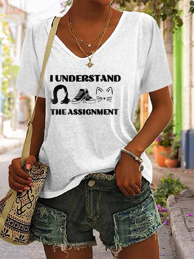 Women's I Understand The Assignment Print V-Neck T-Shirt