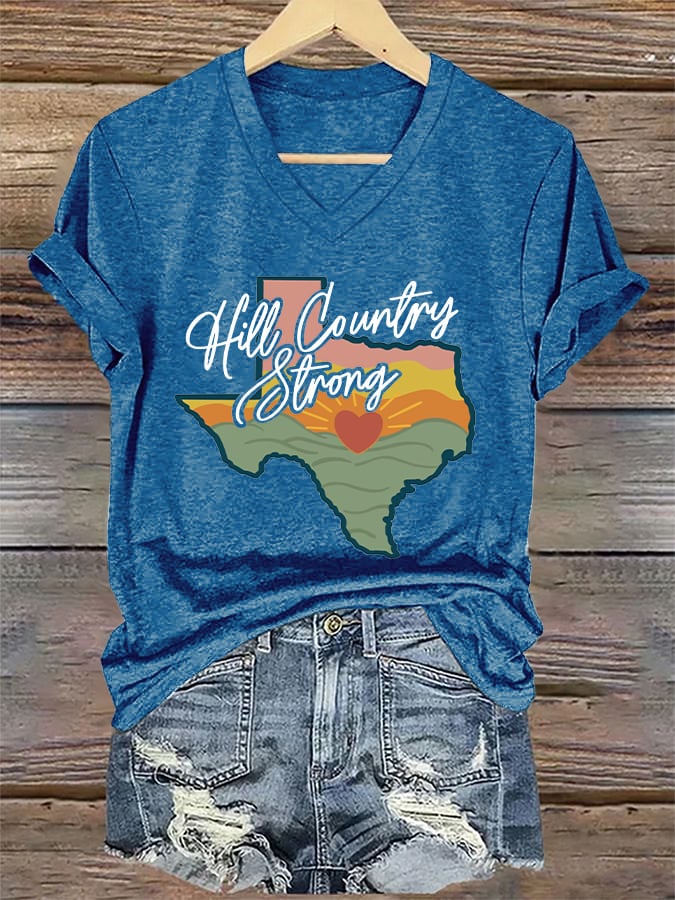 V-Neck Retro Texas Strong Hill Country Strong Print T-Shirt