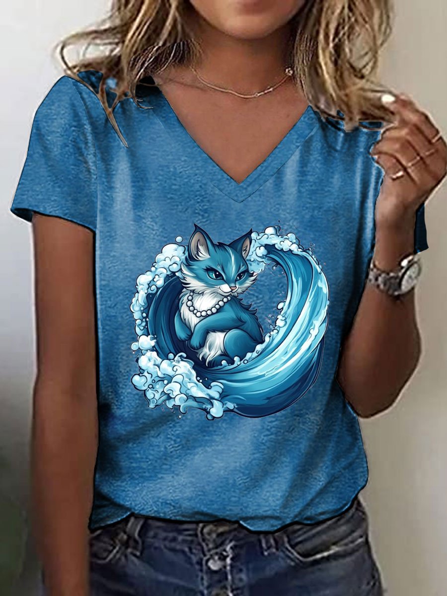 Women's Blue Wave&Pearls Cat Print T-Shirt