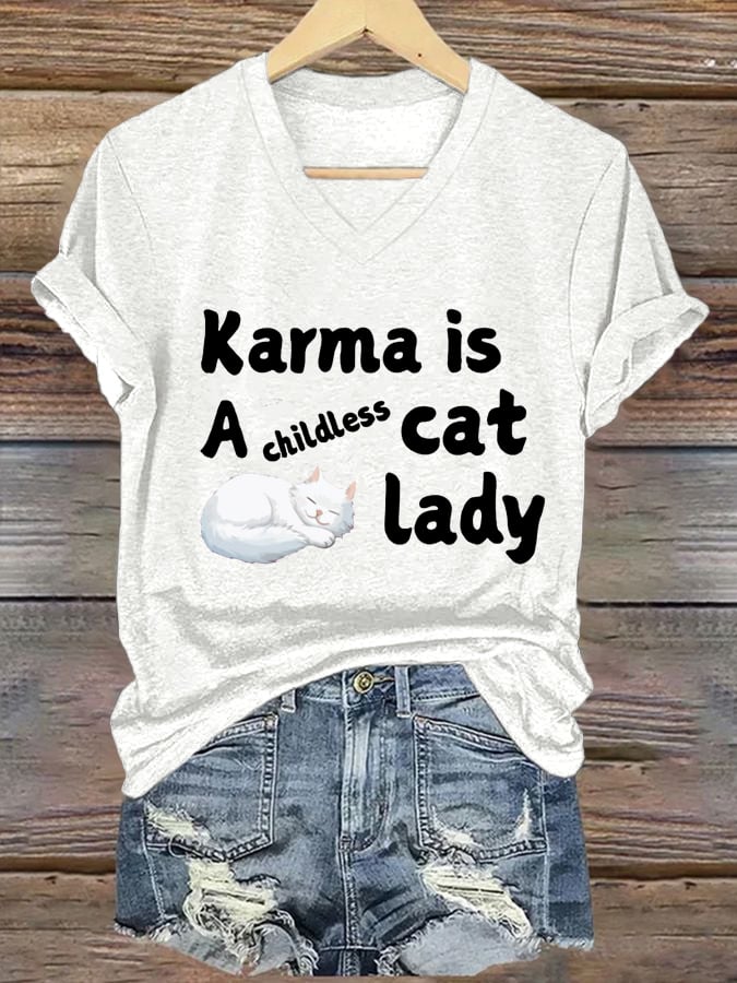 Women's Karma Is A Childless Cat Lady Printed Casual V-Neck T-Shirt
