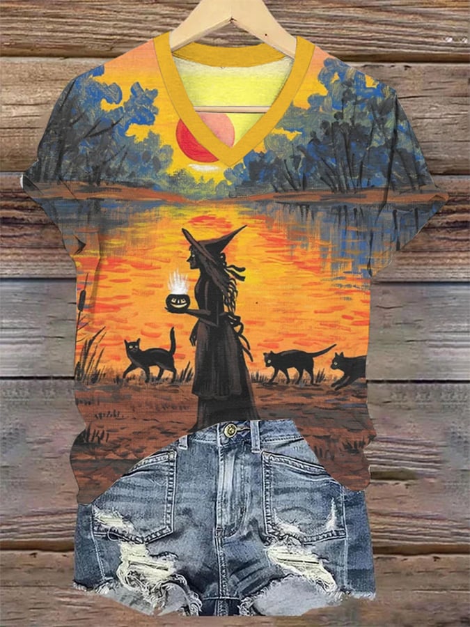 Women's Halloween Black Witch Print Casual T-shirt