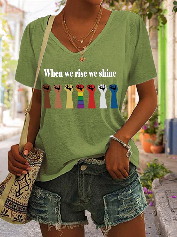Women's When We Rise We Shine Printed V-Neck Short Sleeve T-Shirt