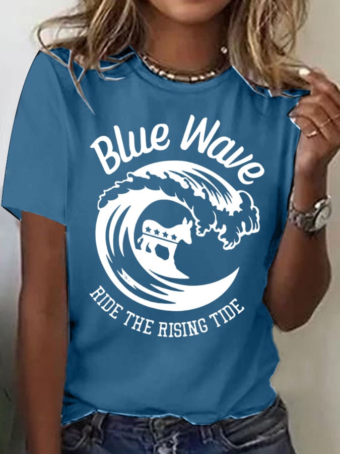 Women's Blue Rides The Waves Printed Short-Sleeved T-Shirt