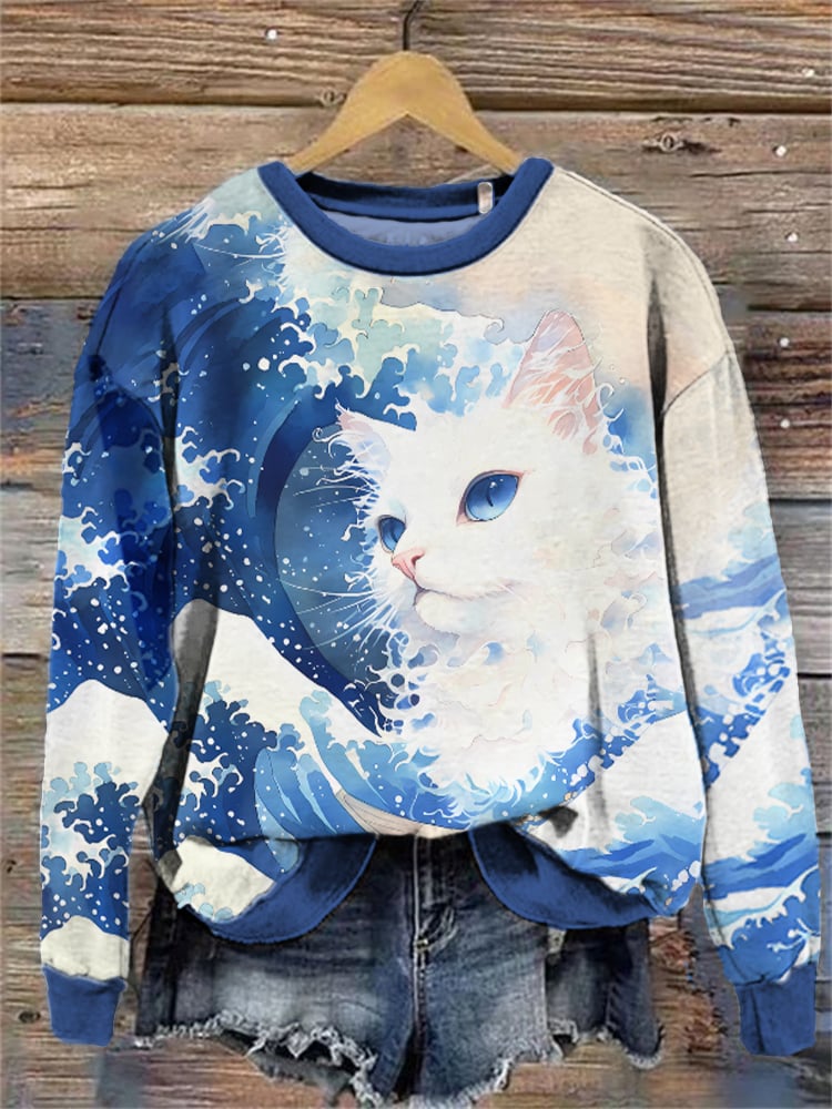 Women's Blue Wave Cat Print Casual Sweatshirt