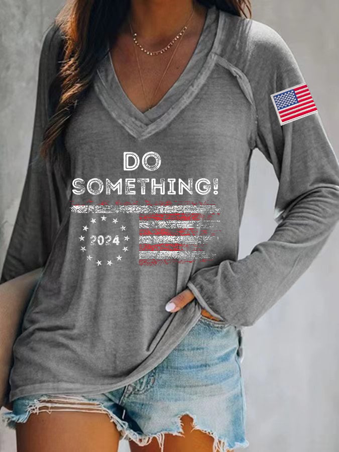 Women's Do Something Long Sleeve V-Neck Printed T-Shirt