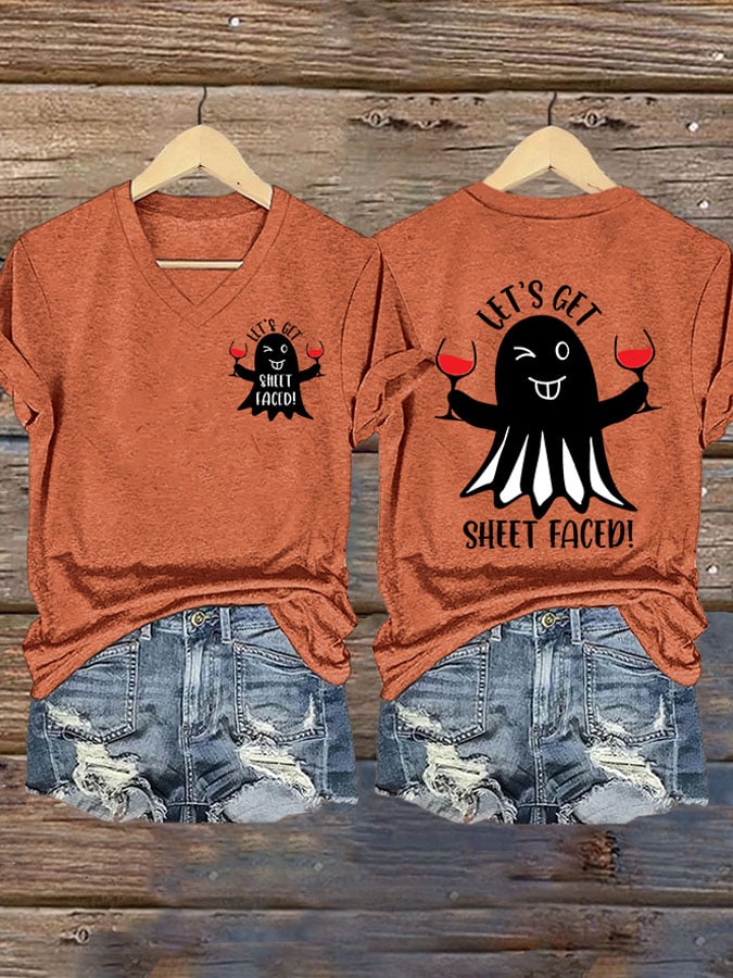 Women'S Halloween Let's Get Sheet Faced Printed T-Shirt