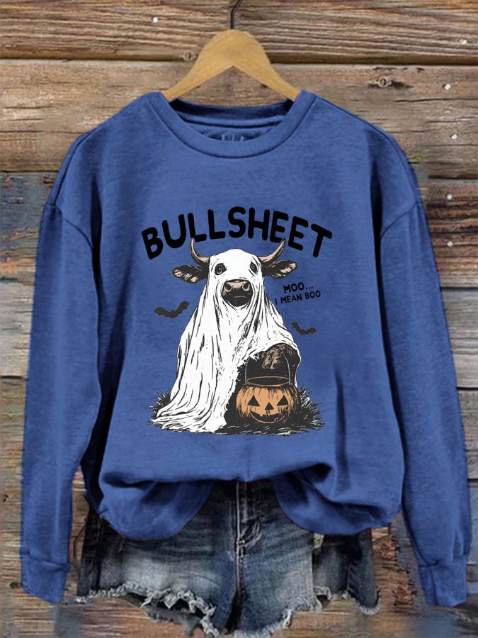Women's Halloween Bullsheet Print Crew Neck Sweatshirt