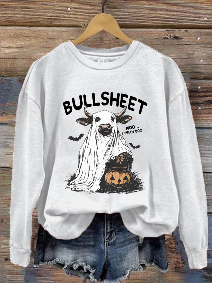 Women's Halloween Bullsheet Print Crew Neck Sweatshirt