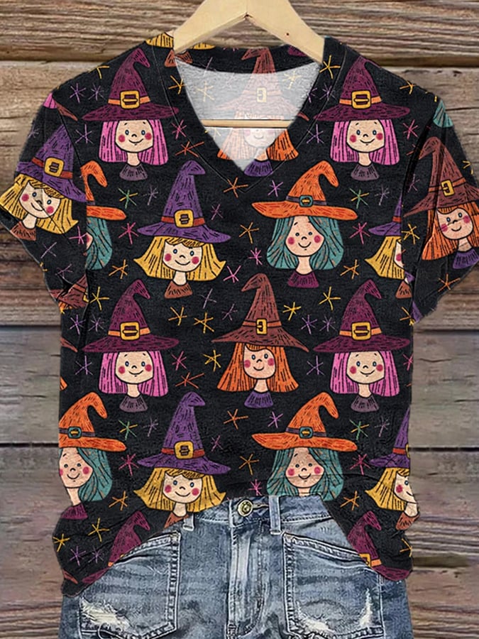 Women's Halloween Cute Little Witch Print V-Neck Tee