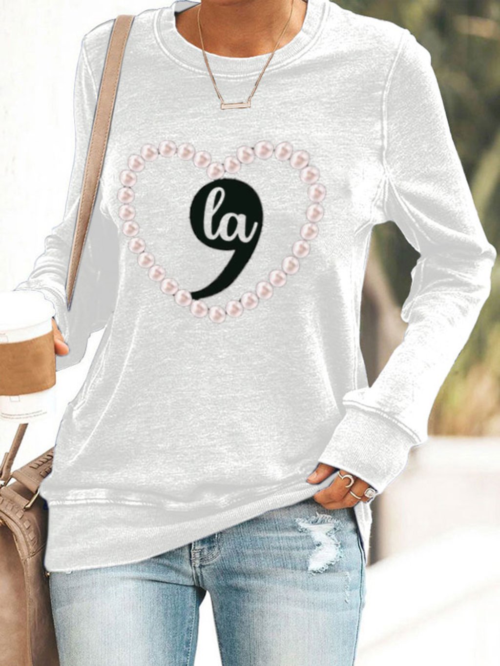 Women's Comma La Pearls Heart Printed Sweatshirt