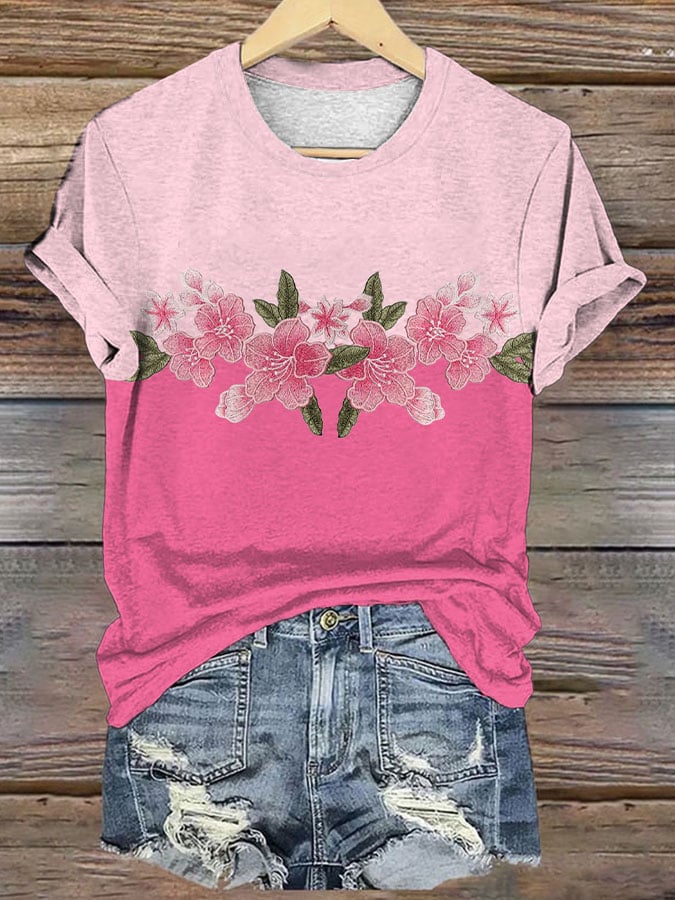 Women's Pink Flowers Print T-Shirt