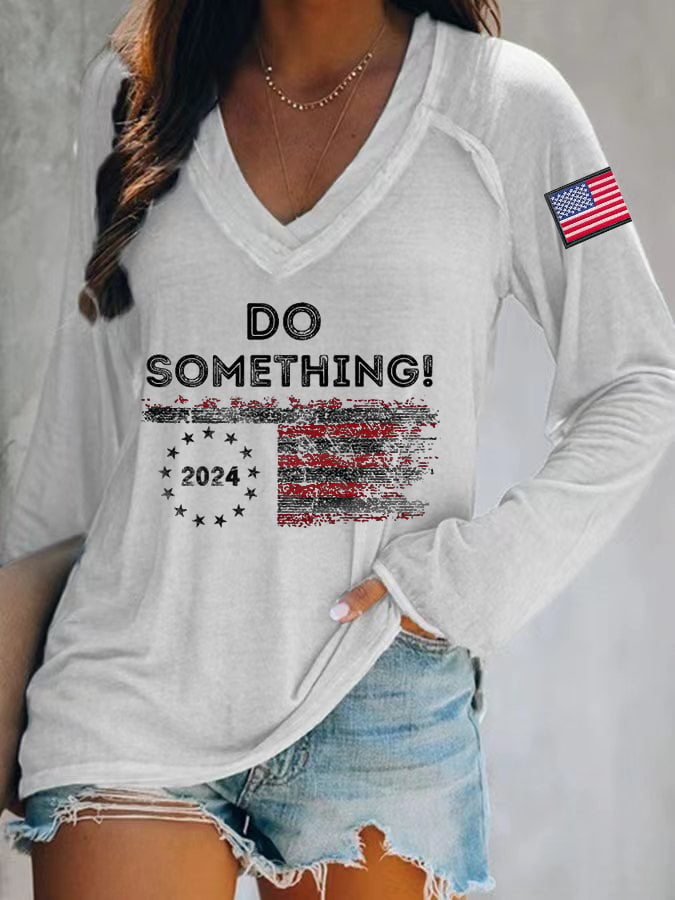Women's Do Something Long Sleeve V-Neck Printed T-Shirt