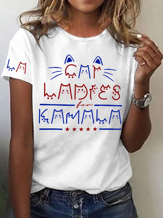 Retro LA Ladies Lettering Cat Print T-Shirt