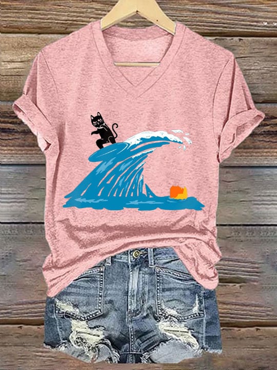 Women's Blue Wave And Black Cat Printed V-Neck T-Shirt