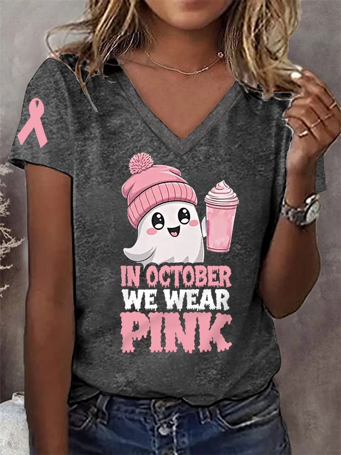 Women's In October We Wear Pink Halloween Ghost Breast Cancer Awareness Warrior V-Neck Tee