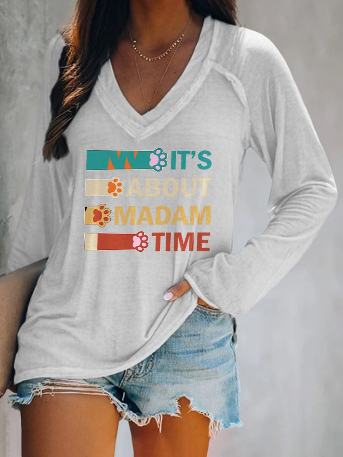 V-neck Retro It’s About Madam Time Cat Print T-Shirt