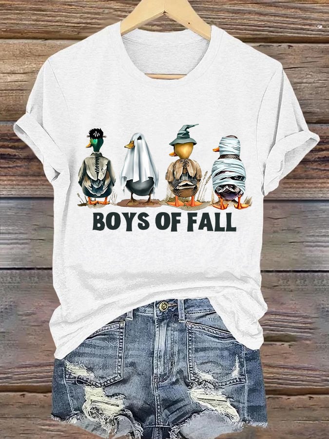 Retro Halloween Boys Of Fall Ghost Ducks Print T-Shirt