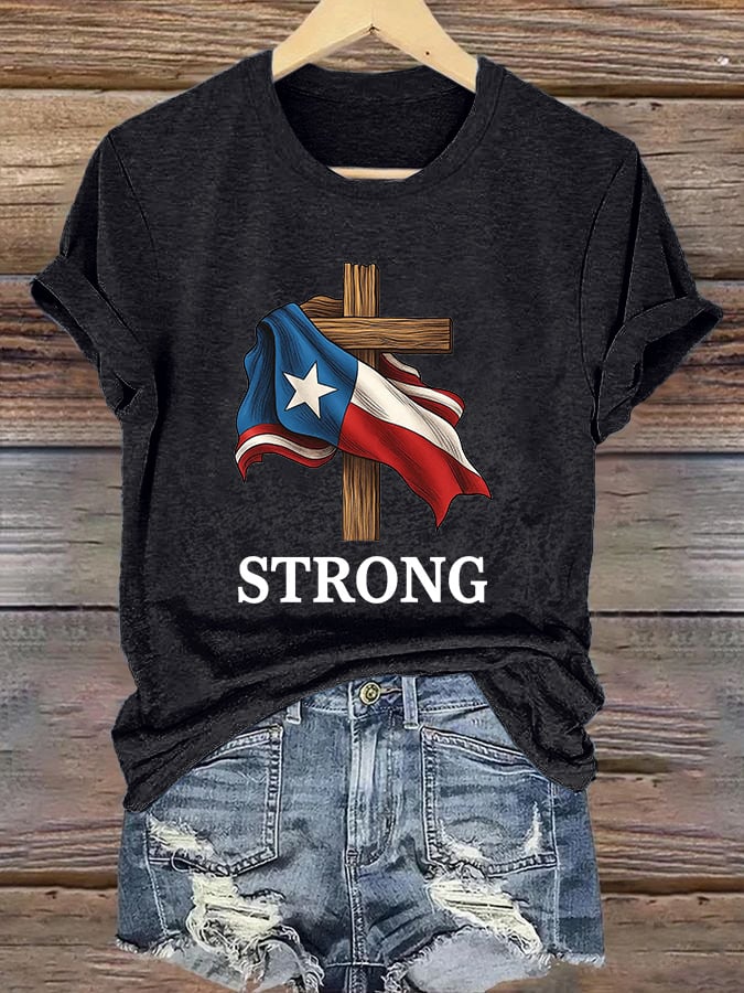 Retro Texas Strong Faith Cross Print T-Shirt
