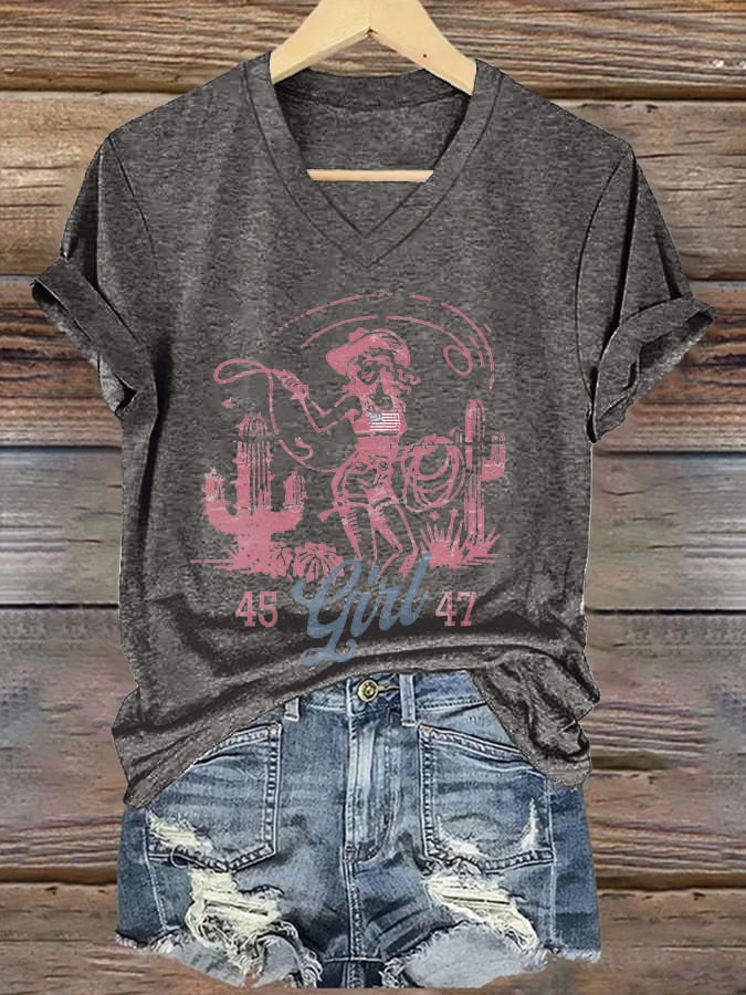 V-neck 45 47 Flag Western Cowboy Girl Cactus Print T-Shirt