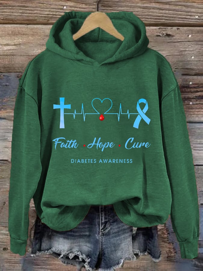 Women's Diabetes Awareness Faith Hope Cure Type 1 Diabetes Awareness Printd Hoodie