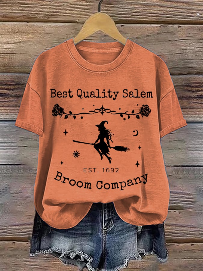 Women's Quality Salem Broom Company Halloween Print Round Neck T-Shirt