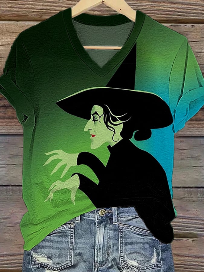 Women's Halloween Wizard Of Oz Witch Print Casual V-Neck Tee