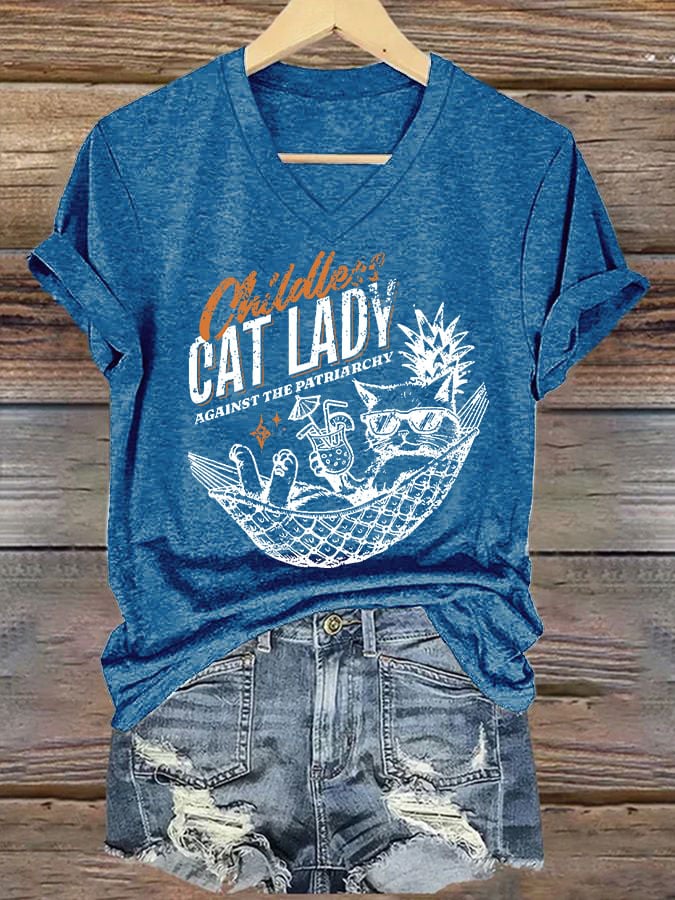 Women's Childless Cat Lady Against The Patriarchy Print T-shirt