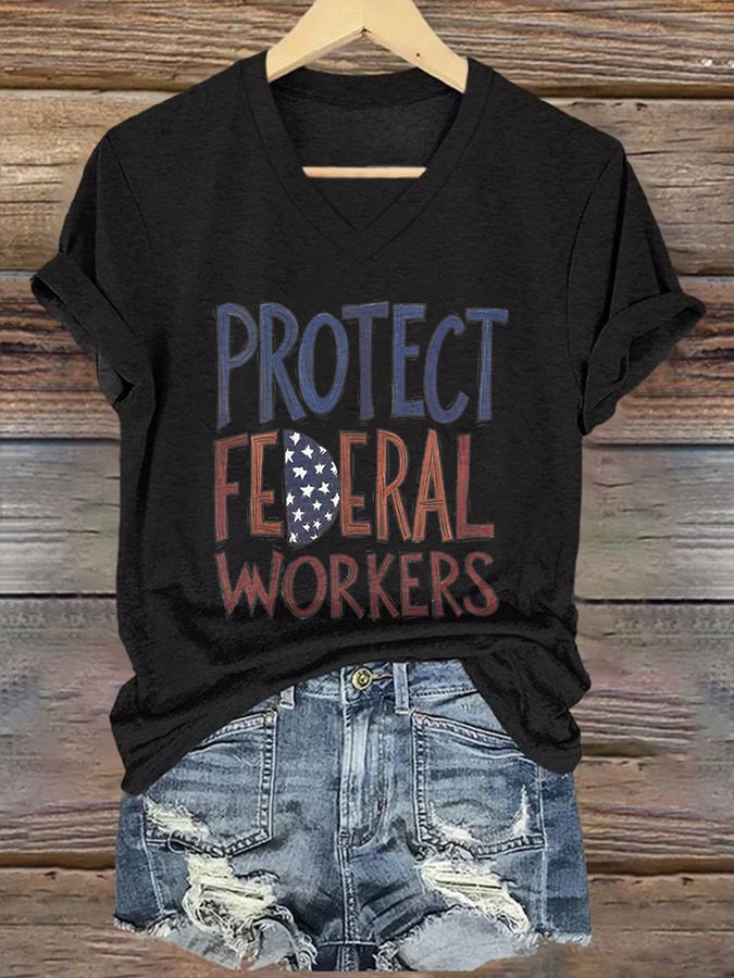 V-neck Retro Protect Federal Workers Print T-Shirt