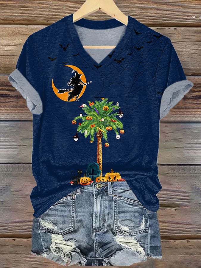 Women's Pumpkins Palm Tree Print V Neck T-shirt