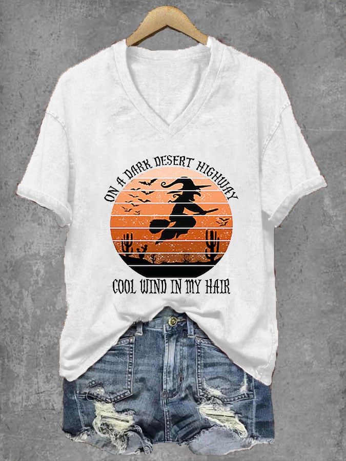 Women's Halloween On A Dark Desert Highway Cold Wind In My Hair  V-Neck Tee