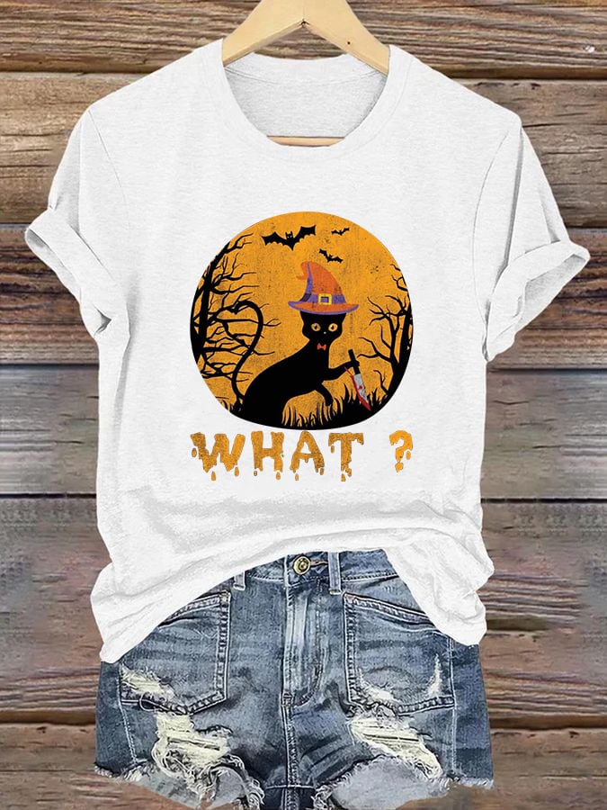 Women's Halloween Murderous Black Cat Print Crew Neck T-Shirt