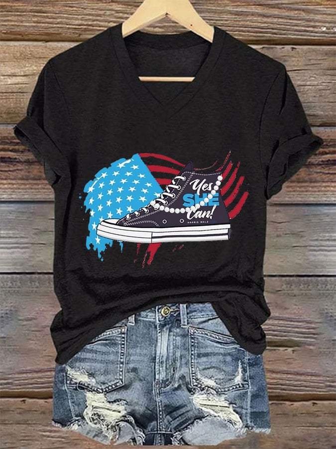 Women's Yes She Can Chucks&Pearls Print T-Shirt