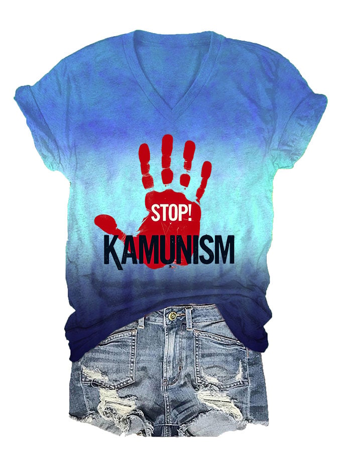 Women's Stop Kamunism Printed V-Neck T-Shirt