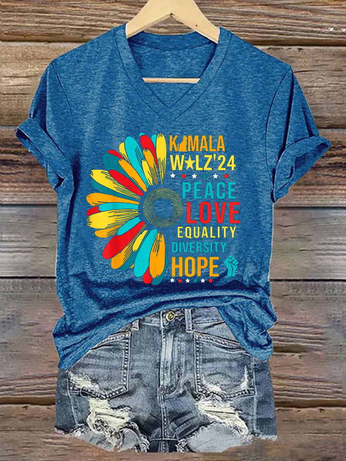 Women's Peace Love Equalty Sunflower Print T-Shirt