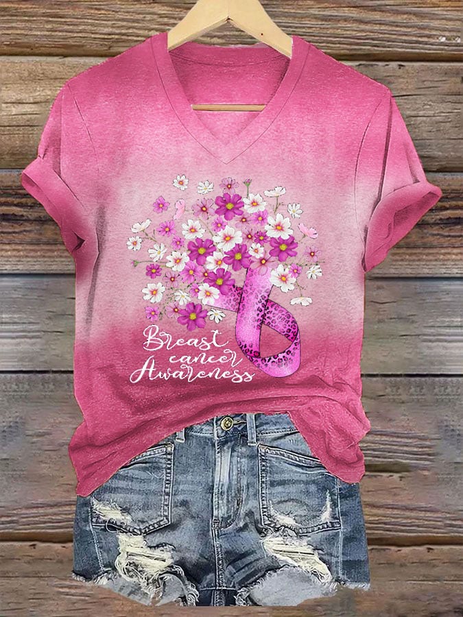 Women's Floral Breast Cancer Print T-Shirt