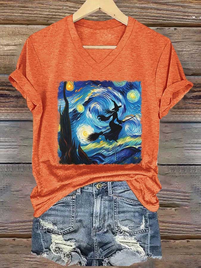 Women's Starry Night Flying Witch Print T-shirt