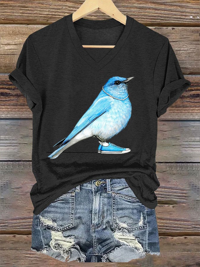 Women's Pearl Necklace Canvas Bird Print T-shirt