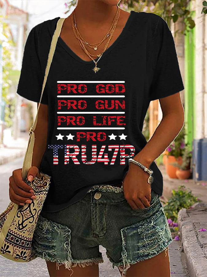 Women's Pro God Pro Gun Pro Life Print Round Neck T-Shirt